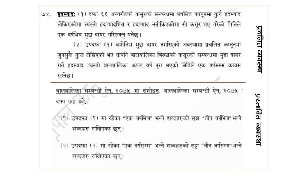 बालबालिकाविरुद्धको हिंसा र यौनजन्य दुर्व्यवहारमा उजुरी दिने हदम्याद तीन वर्ष पुर्याउने प्रस्ताव